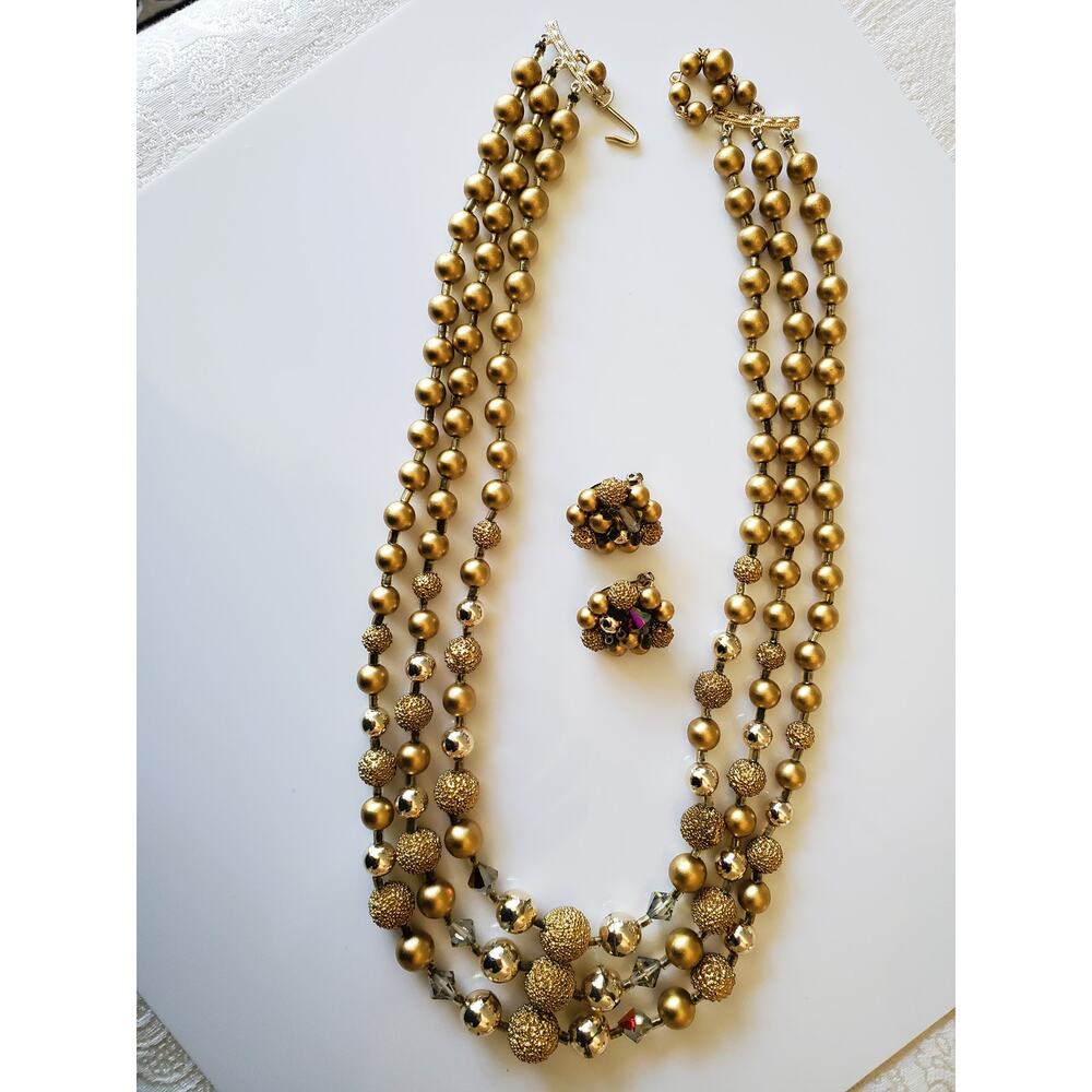 Vintage Japan Multi Tier Gold Tone Necklace and Earring Set